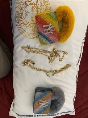 Rainbow Rhinestone Mini Clutch with Faux Fur Handle